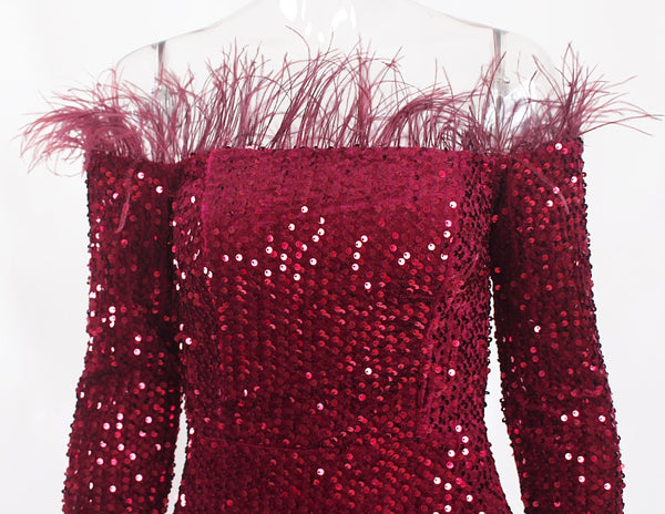 Burgundy Shiny Sequin Feather Velvet Party Dress