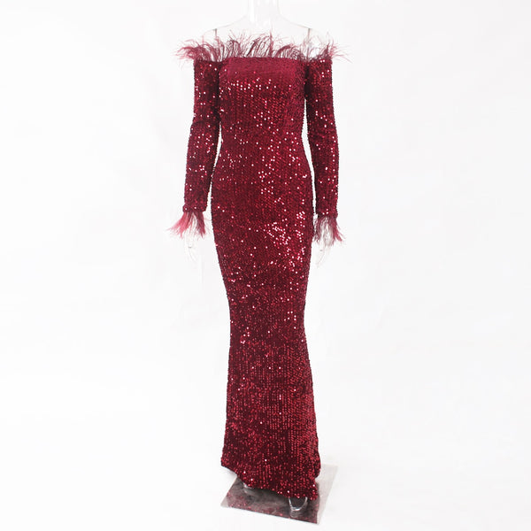 Burgundy Shiny Sequin Feather Velvet Party Dress