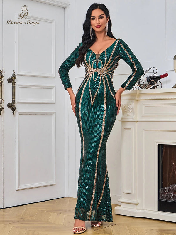 Sexy green V-neck long sleeve Evening dress