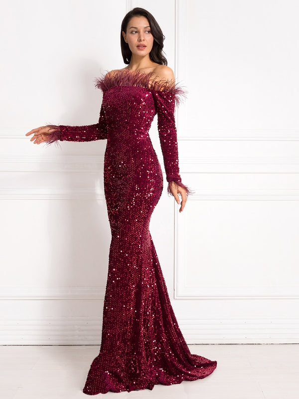 Burgundy Shiny Sequin Feather Velvet Party Dress