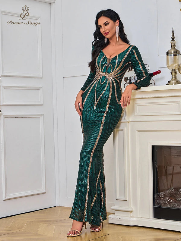 Sexy green V-neck long sleeve Evening dress