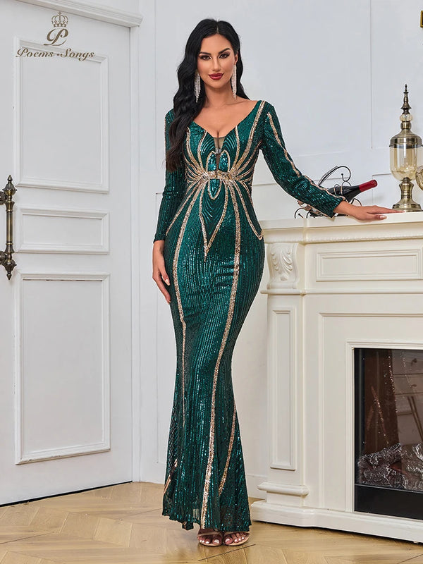 Sexy green V-neck long sleeve Evening dress