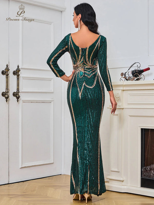 Sexy green V-neck long sleeve Evening dress