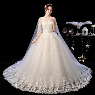 Off White O Neck Long Train Lace Applique Lace Up Wedding Gown | EdleessFashion