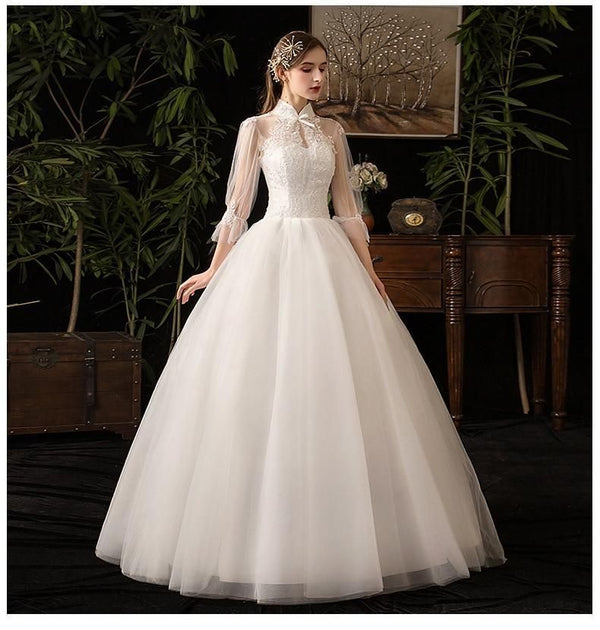 Sexy High Neck Three Quarter Sleeve Wedding Dress Illusion Lace Applique | EdleessFashion