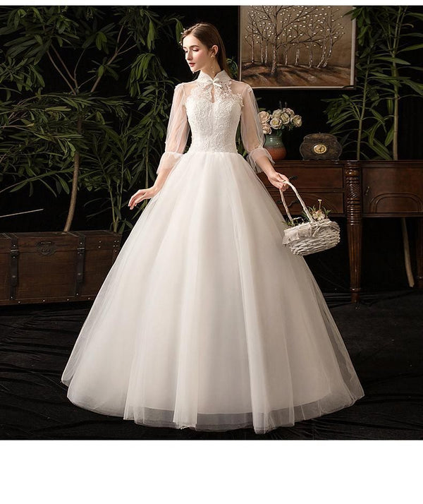 Sexy High Neck Three Quarter Sleeve Wedding Dress Illusion Lace Applique | EdleessFashion