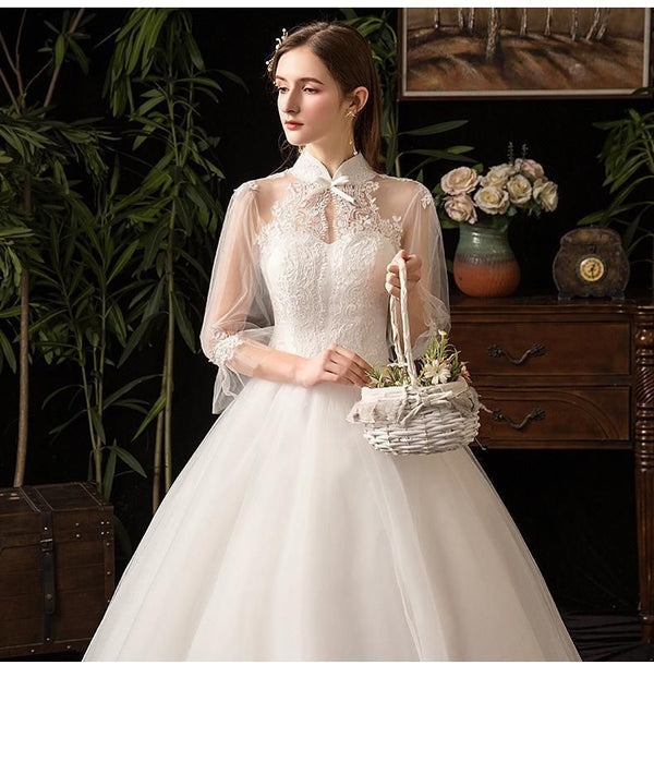 Sexy High Neck Three Quarter Sleeve Wedding Dress Illusion Lace Applique | EdleessFashion