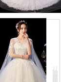 Off White O Neck Long Train Lace Applique Lace Up Wedding Gown | EdleessFashion