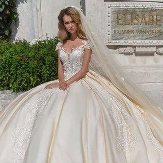 Vintage Cap Sleeve Luxury Ball Gown Wedding Dress | EdleessFashion