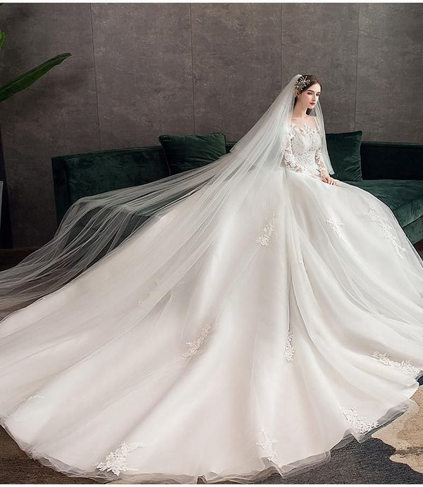 Wedding Dress Classic Off White Long Sleeve With Train | EdleessFashion