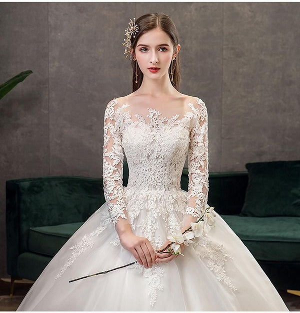 Wedding Dress Classic Off White Long Sleeve With Train | EdleessFashion