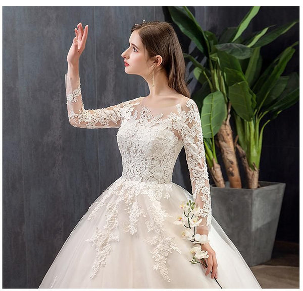 Wedding Dress Classic Off White Long Sleeve With Train | EdleessFashion