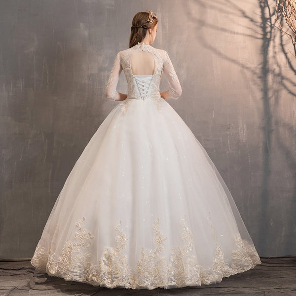 Wedding Dress High Neck Ball Gown Lace Appliques 3/4 Sleeve - EdleessFashion