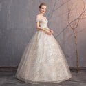 Luxury Gold Wedding Dresses V-Neck Off The Shoulder Lace Up Ball Gown | EdleessFashion