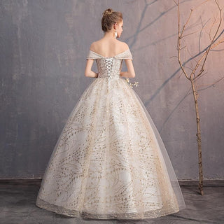 Luxury Gold Wedding Dresses V-Neck Off The Shoulder Lace Up Ball Gown | EdleessFashion