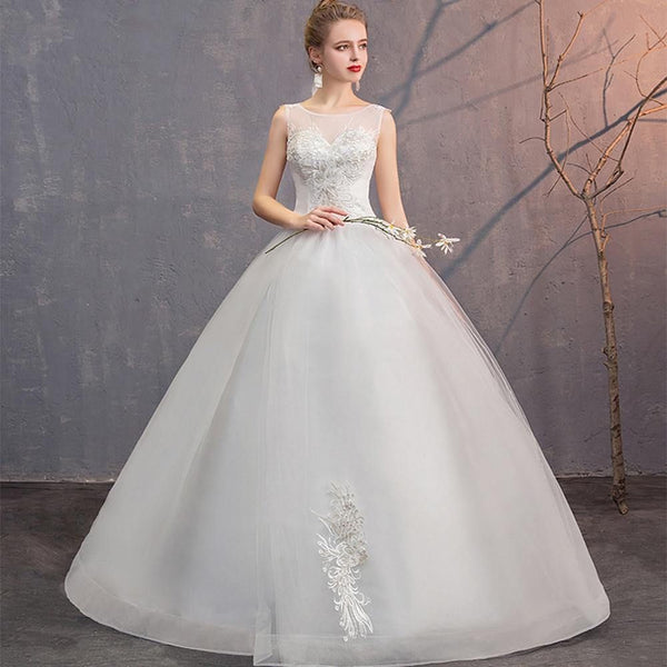 Elegant Wedding Dresses O-Neck Sleeveless Ball Gown Lace Embroidery Tulle | EdleessFashion