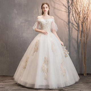 Elegant White Wedding Dresses Lace Up Appliques Off The Shoulder Ball Gown | EdleessFashion