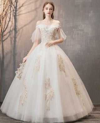 Elegant White Wedding Dresses Lace Up Appliques Off The Shoulder Ball Gown | EdleessFashion