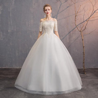 White Wedding Dresses Off The Shoulder Short Sleeve Lace Up Ball Gown | EdleessFashion