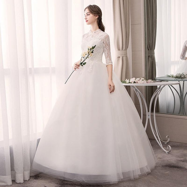 White Wedding Dresses Half Sleeve High Neck Lace Appliques Ball Gown - EdleessFashion