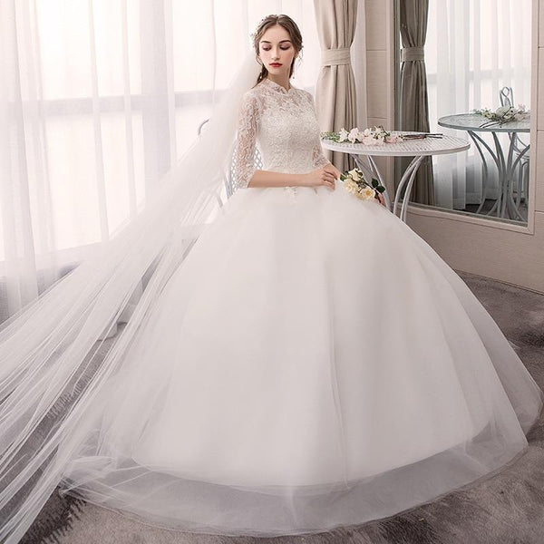 White Wedding Dresses Half Sleeve High Neck Lace Appliques Ball Gown - EdleessFashion