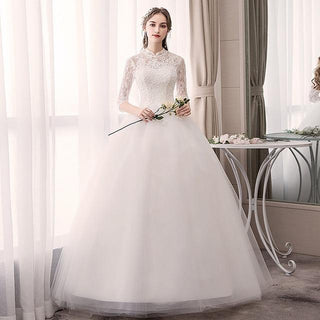 White Wedding Dresses Half Sleeve High Neck Lace Appliques Ball Gown - EdleessFashion