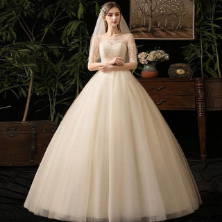 Elegant Wedding Dresses Lace Up O-Neck Short Sleeve Embroidery Ball Gown | EdleessFashion