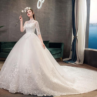 High Neck Half Sleeve Wedding Dress Sexy Bridal Gown | EdleessFashion