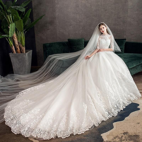 High Neck Half Sleeve Wedding Dress Sexy Bridal Gown | EdleessFashion