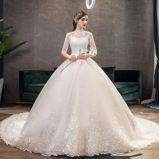 High Neck Half Sleeve Wedding Dress Sexy Bridal Gown | EdleessFashion