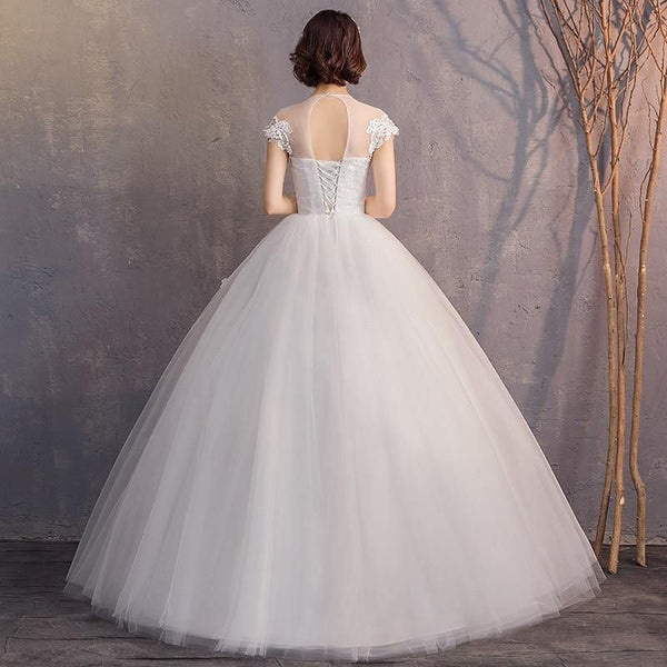 Elegant Wedding Dresses Ball Gown O-Neck Cap Sleeve Lace Appliques | EdleessFashion