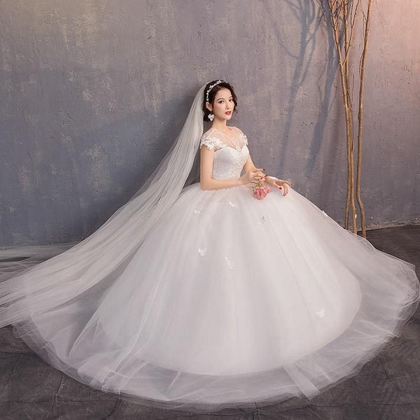 Elegant Wedding Dresses Ball Gown O-Neck Cap Sleeve Lace Appliques | EdleessFashion