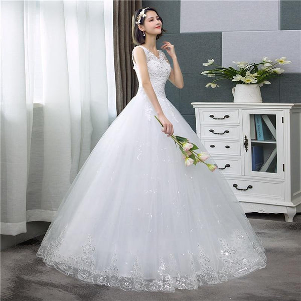 Sexy V-neck Lace Wedding Dress Sleeveless Floral Print Ball Gown - EdleessFashion