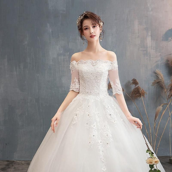 Illusion Lace Wedding Dresses Half Sleeve Off The Shoulder Beaded Appliques | EdleessFashion