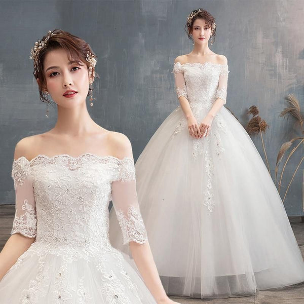 Illusion Lace Wedding Dresses Half Sleeve Off The Shoulder Beaded Appliques | EdleessFashion