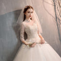 Elegant White Wedding Dresses Lace Up Ball Gown High Neck 3/4 Sleeve | EdleessFashion