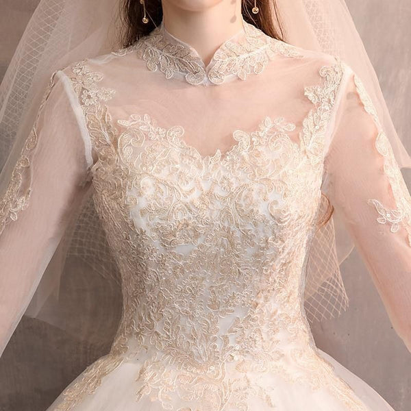 Elegant White Wedding Dresses Lace Up Ball Gown High Neck 3/4 Sleeve | EdleessFashion