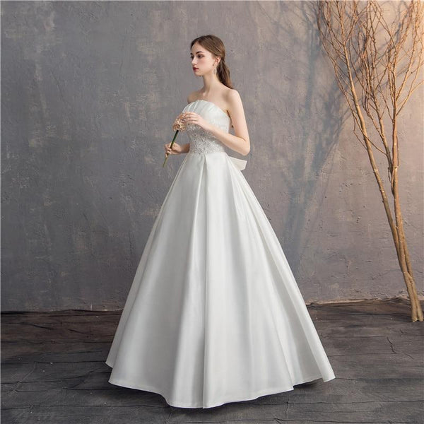 Sexy Strapless Simple Satin Wedding Dress A-line Lace Up Princess Wedding Gown - EdleessFashion