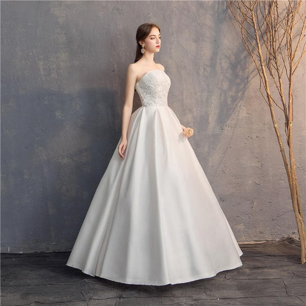 Sexy Strapless Simple Satin Wedding Dress A-line Lace Up Princess Wedding Gown - EdleessFashion