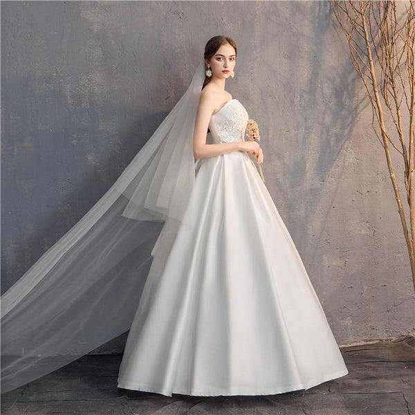 Sexy Strapless Simple Satin Wedding Dress A-line Lace Up Princess Wedding Gown - EdleessFashion