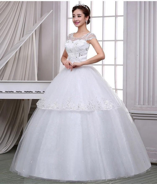 Elegant White Wedding Dresses Ball Gown O-Neck Short Sleeve Lace Up Crystal | EdleessFashion