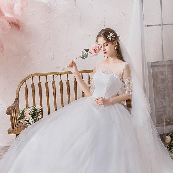 Classic O Neck Half Sleeve Wedding Dress | EdleessFashion