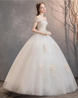 Luxury Wedding Dresses Lace Up Beaded Off The Shoulder V-Neck Ball Gown | EdleessFashion