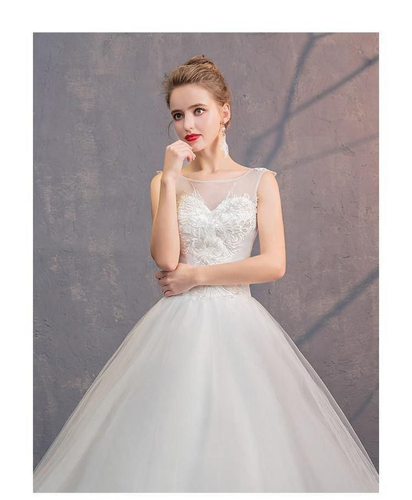 Elegant Wedding Dresses O-Neck Sleeveless Ball Gown Lace Embroidery Tulle | EdleessFashion