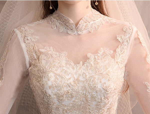 Wedding Dress High Neck Ball Gown Lace Appliques 3/4 Sleeve - EdleessFashion