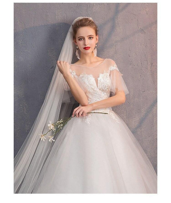 Elegant Lace Wedding Dresses O-Neck Short Sleeve Ball Gown | EdleessFashion