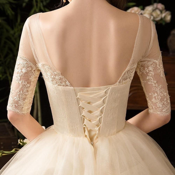 Elegant Wedding Dresses Lace Up O-Neck Short Sleeve Embroidery Ball Gown | EdleessFashion