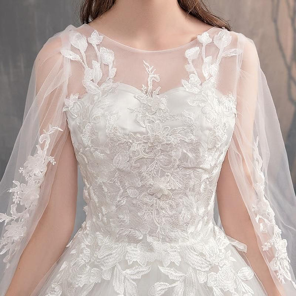 Wedding Dress With Long Cap Lace With Long Train Embroidery | EdleessFashion