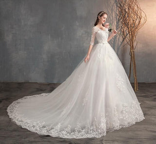 Lace Embroidery Half Sleeve Wedding Dresses Long Train with V Neck | EdleessFashion