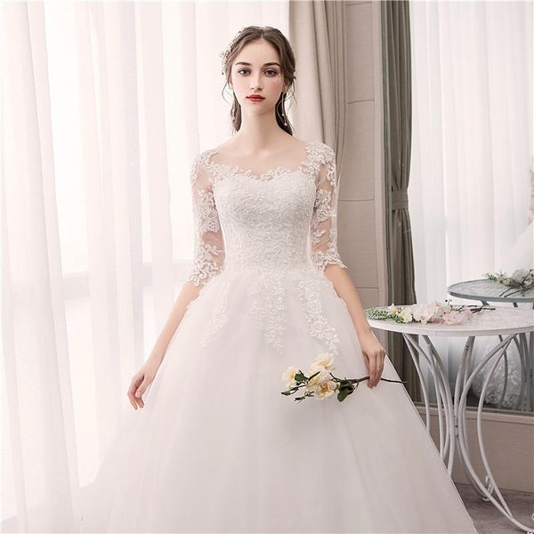 Sexy O Neck Half Sleeve Fashion Slim Lace Embroidery Wedding Gown - EdleessFashion